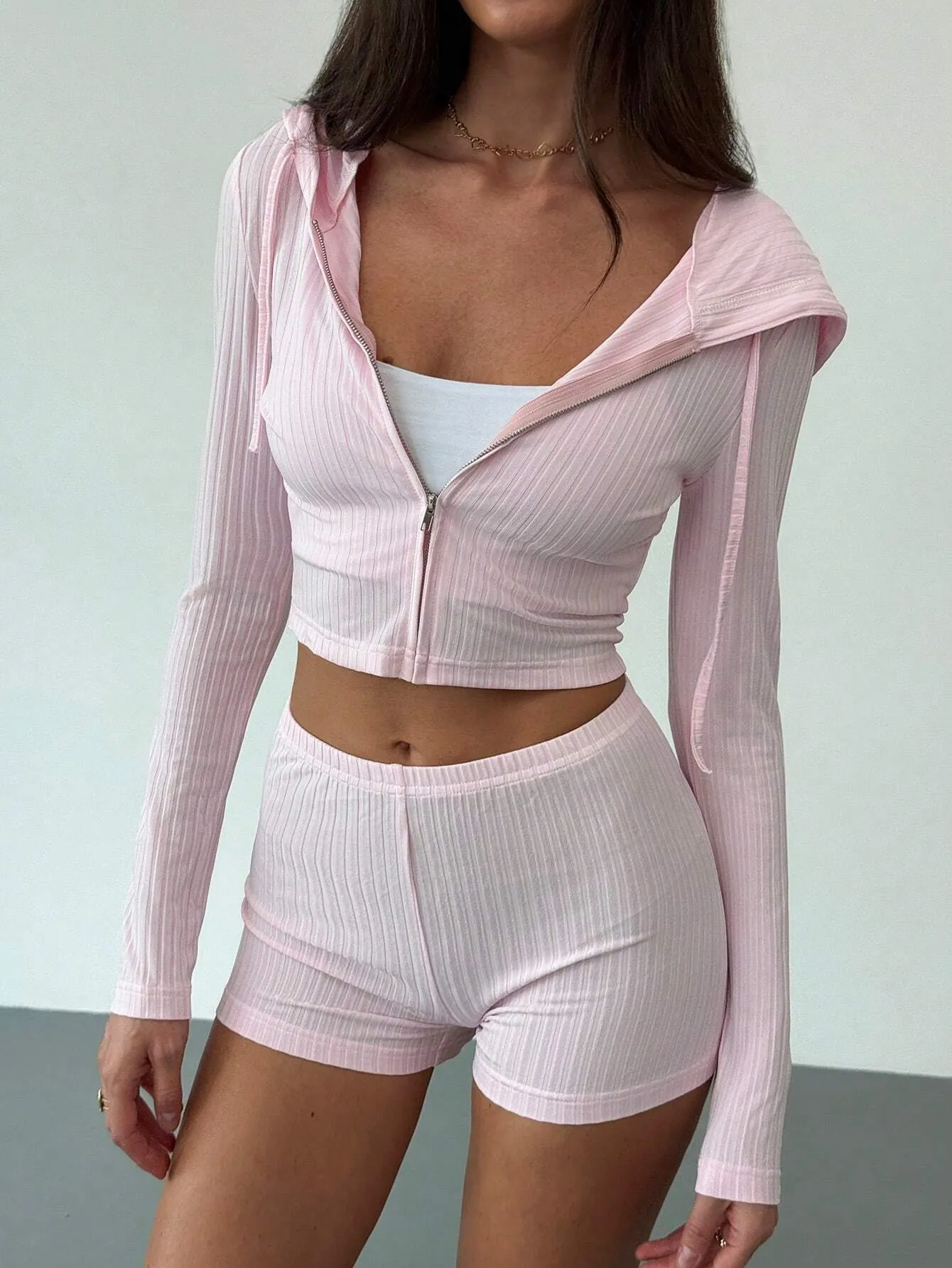 2pcs Women Simple Ribbed Knit Open Front Cardigan & Low-Waist Mini Knit Shorts Set, Casual Wear