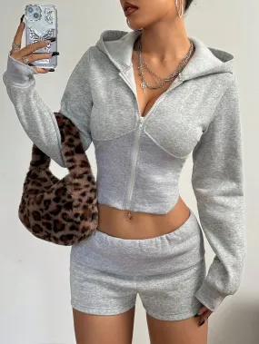 2pcs Women Solid Color Hooded Sweatshirt And Shorts Set