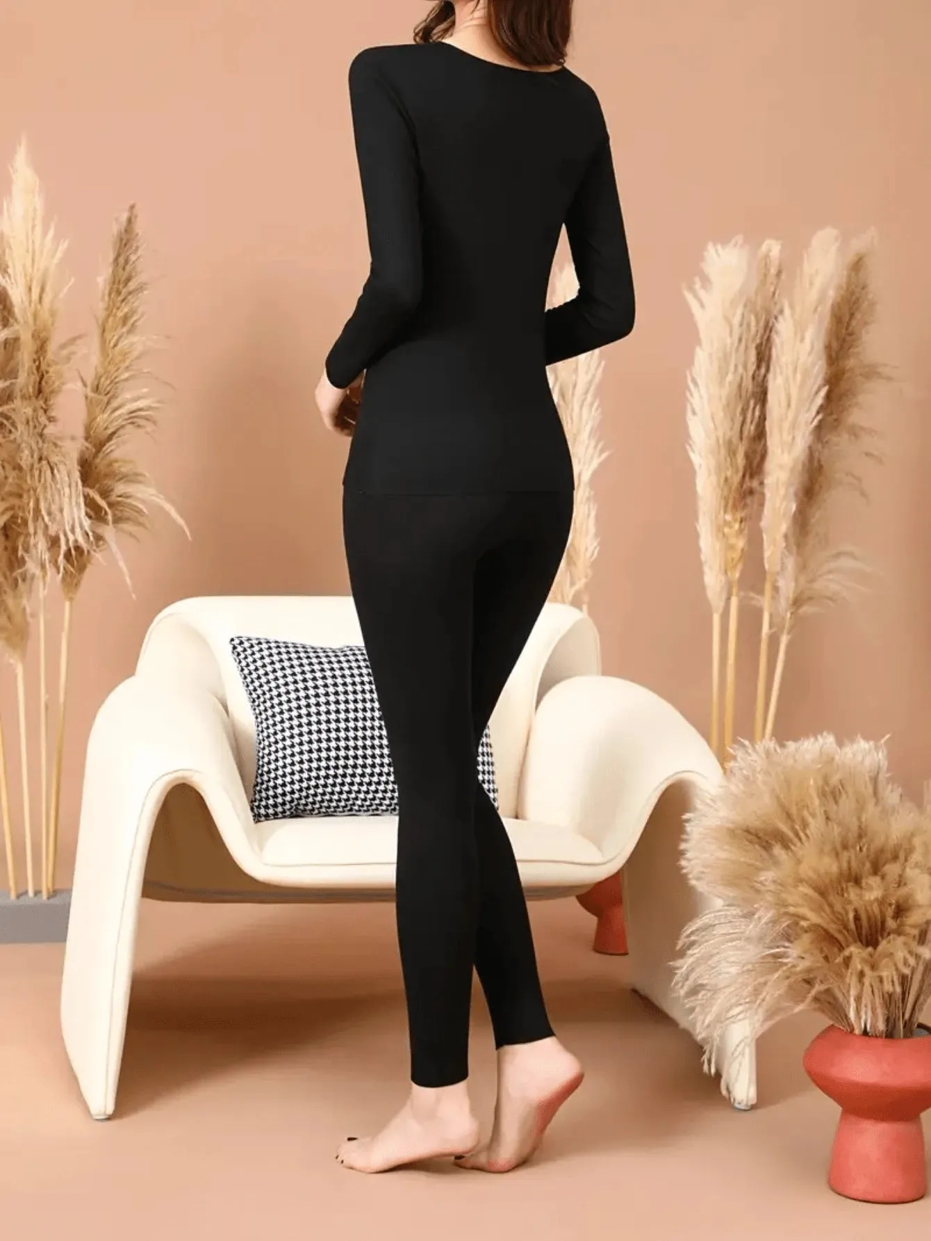 2pcs Women Solid Color Long Sleeve Top And Legging Pants Set, Slim Fit