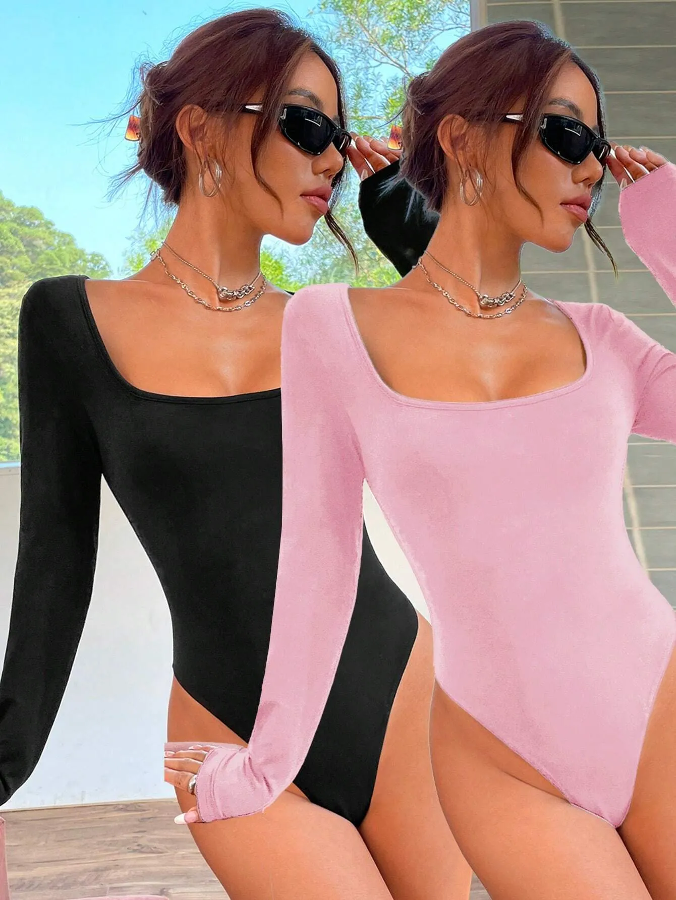 2pcs Women Square Neck Long Sleeve Bodysuit Sets