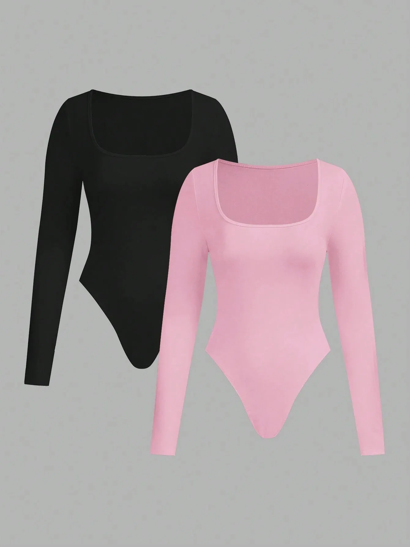 2pcs Women Square Neck Long Sleeve Bodysuit Sets