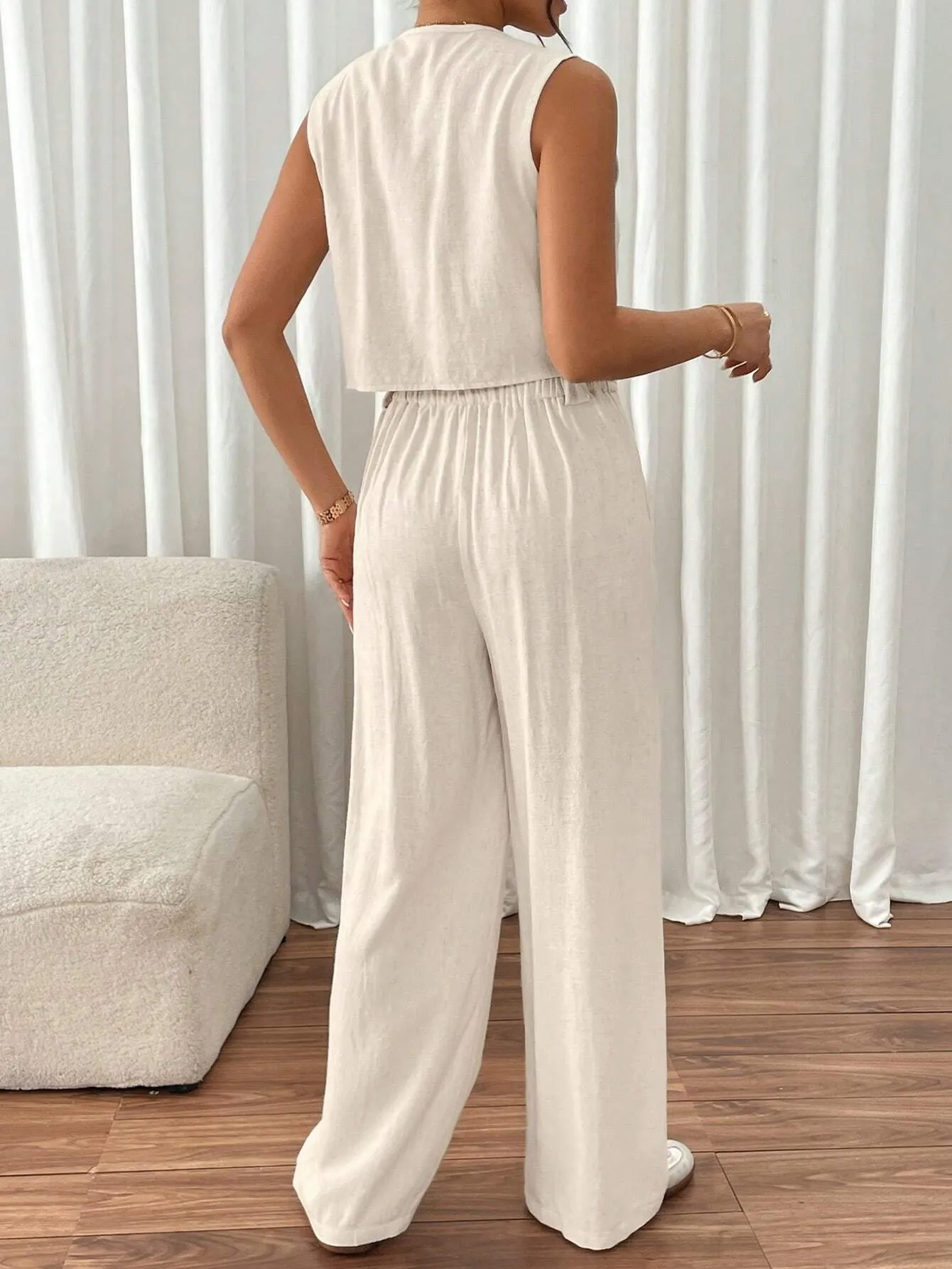 2pcs Women's Casual Asymmetrical Hem Sleeveless Top And Pants Set