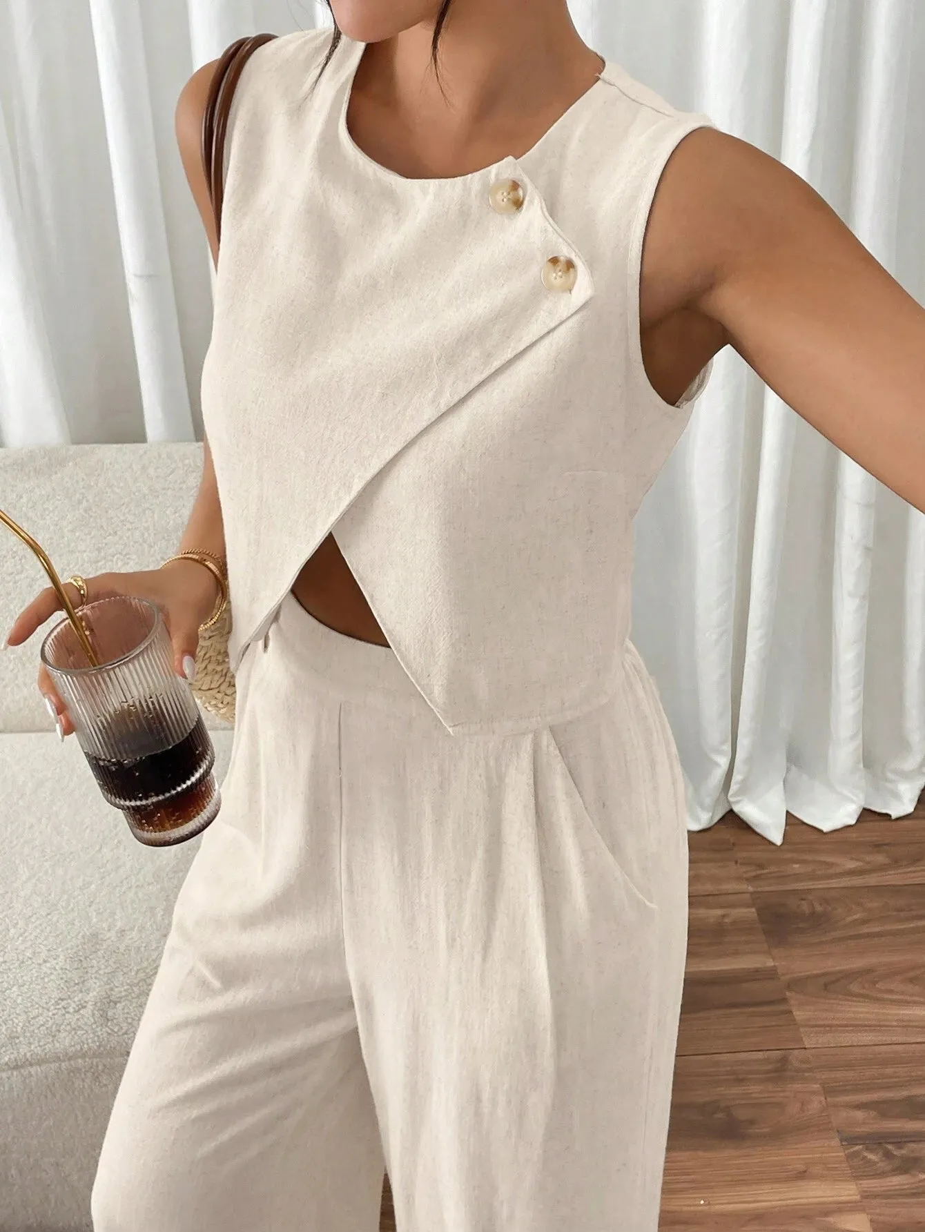 2pcs Women's Casual Asymmetrical Hem Sleeveless Top And Pants Set