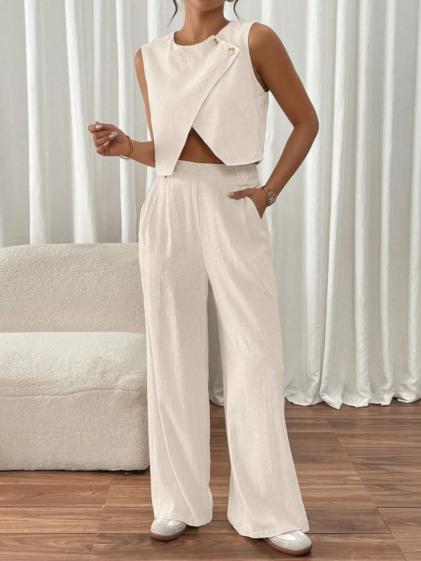 2pcs Women's Casual Asymmetrical Hem Sleeveless Top And Pants Set