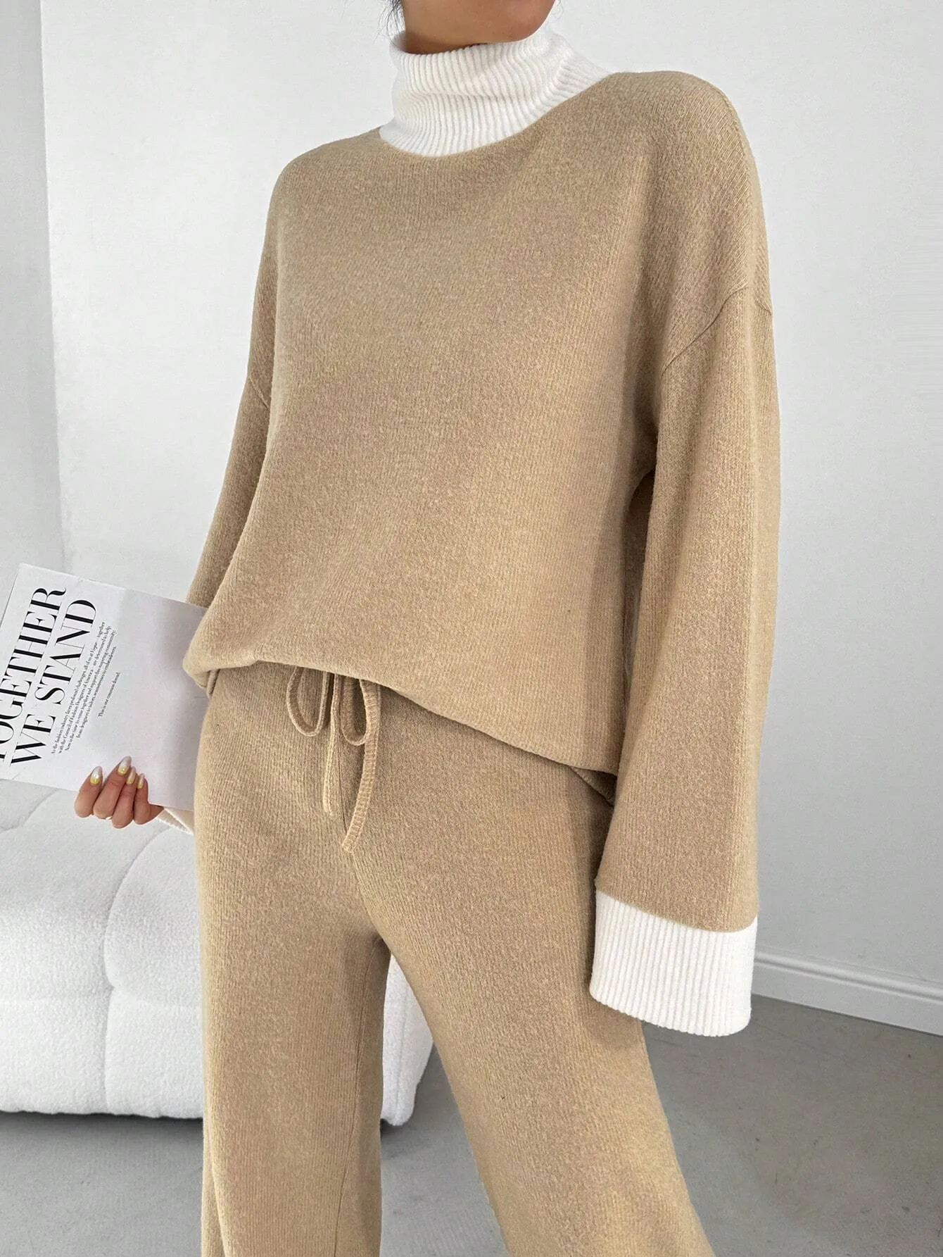 2pcs Women's Casual Color Block Turtleneck Long Sleeve Top And Pants Set, Fall/Winter