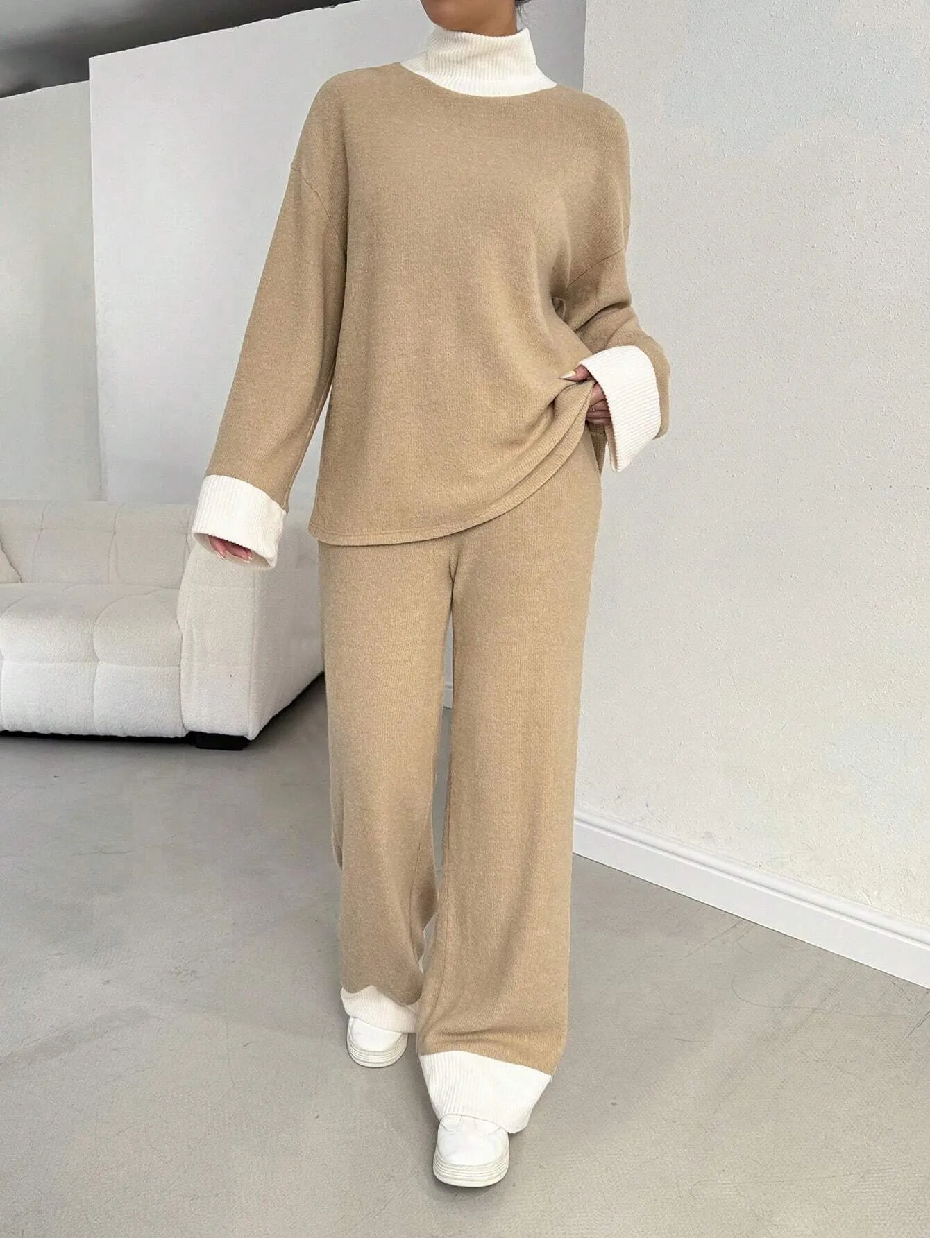 2pcs Women's Casual Color Block Turtleneck Long Sleeve Top And Pants Set, Fall/Winter