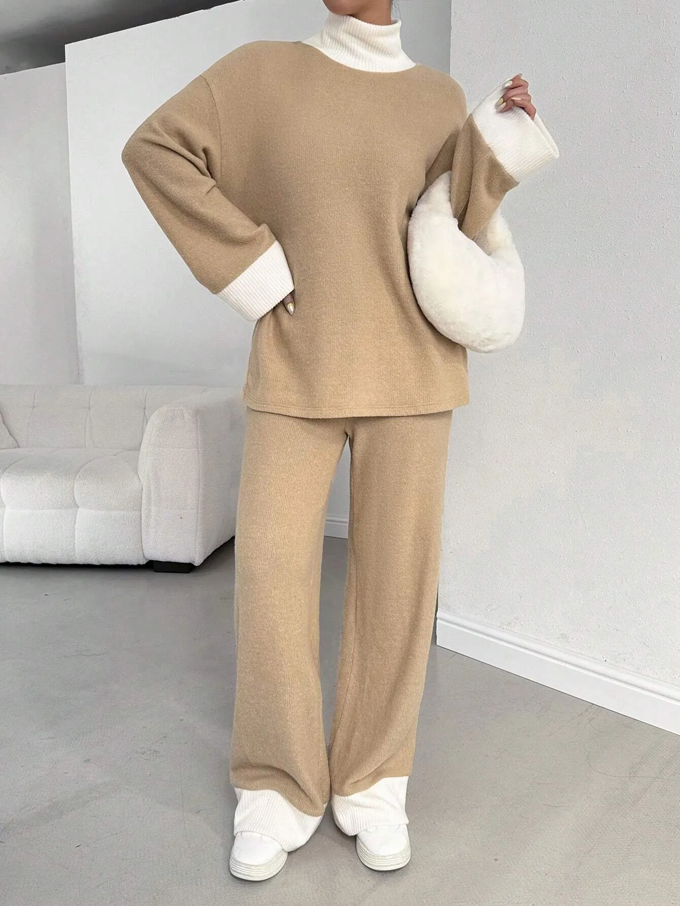 2pcs Women's Casual Color Block Turtleneck Long Sleeve Top And Pants Set, Fall/Winter