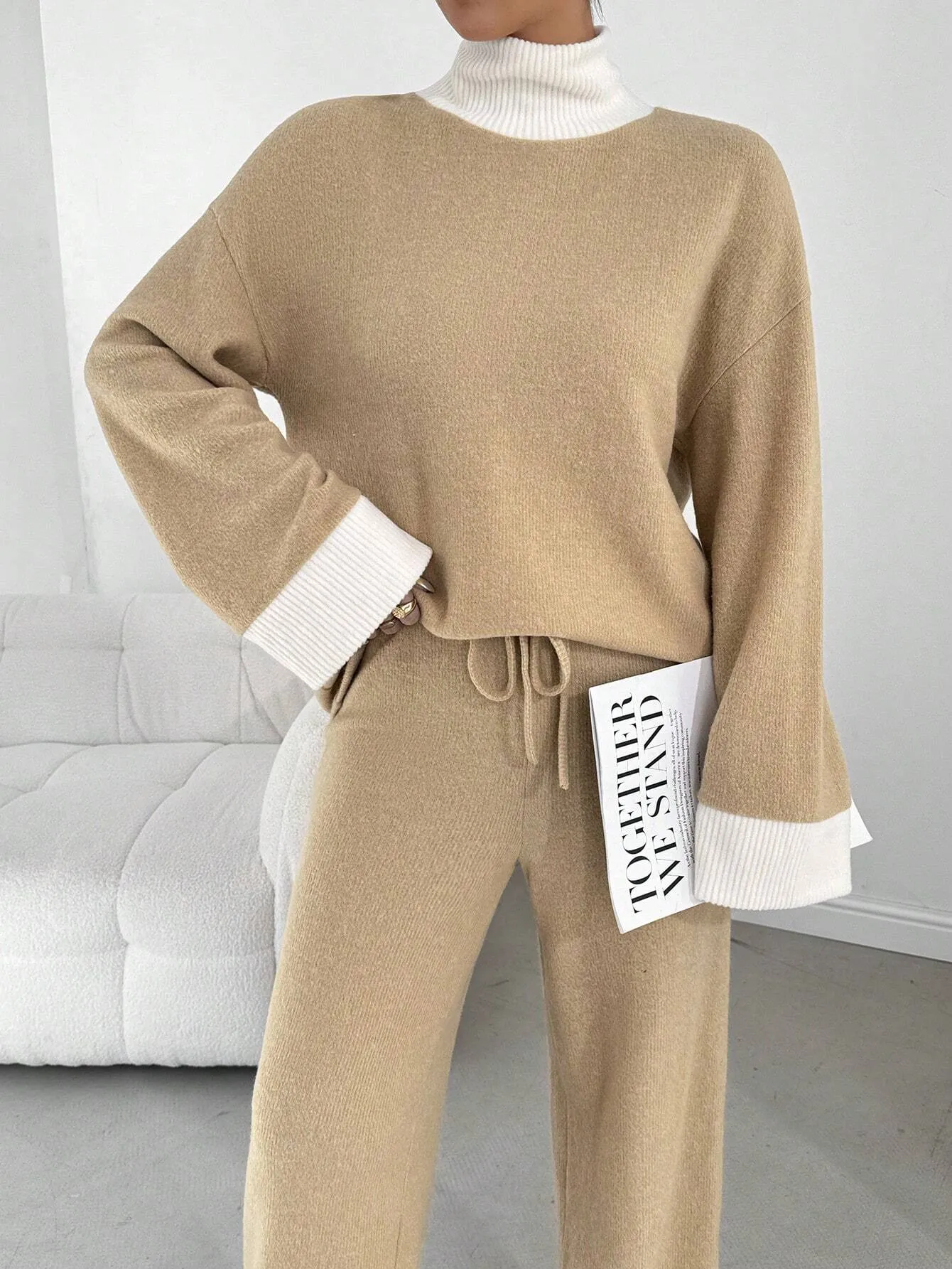 2pcs Women's Casual Color Block Turtleneck Long Sleeve Top And Pants Set, Fall/Winter