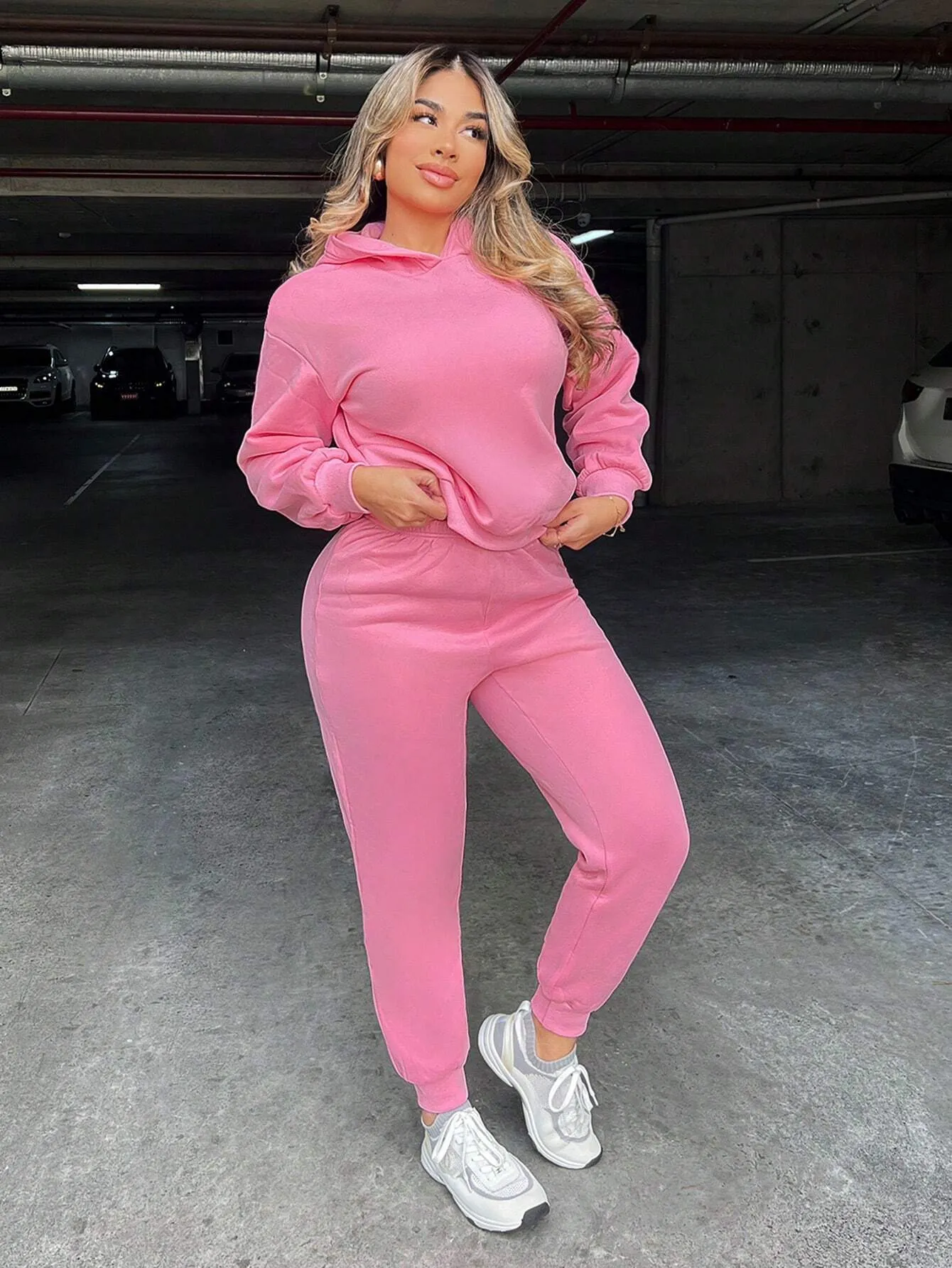 2pcs Women's Casual Solid Color Fleece Lined Hoodie And Skinny Sports Pants Tracksuit Set, Autumn Winter