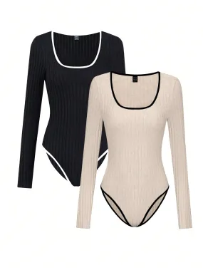 2pcs Women's Colorblock Trim Bodysuit