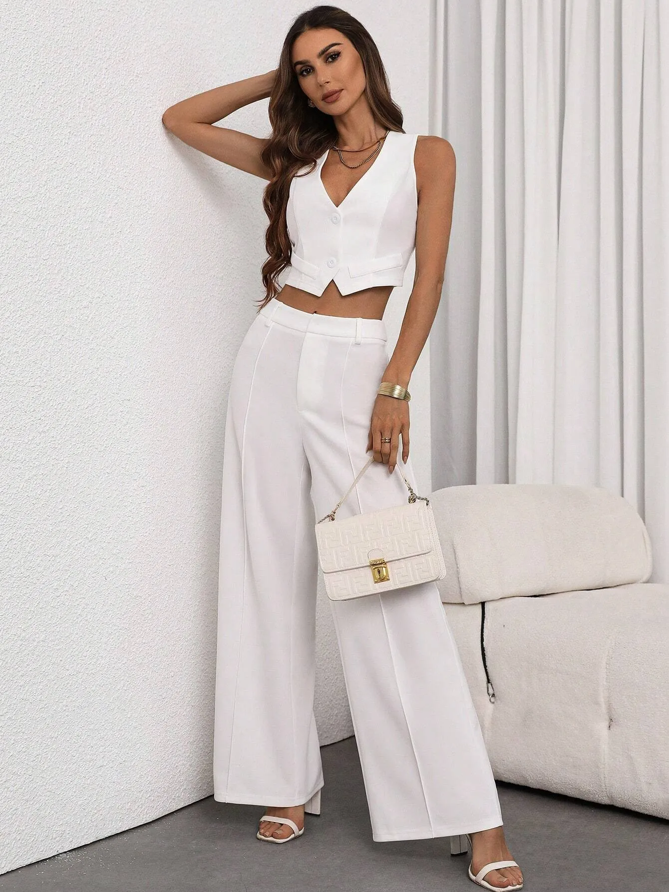 2pcs Women's Commuter Elegant White Blazer Vest And Trousers Set