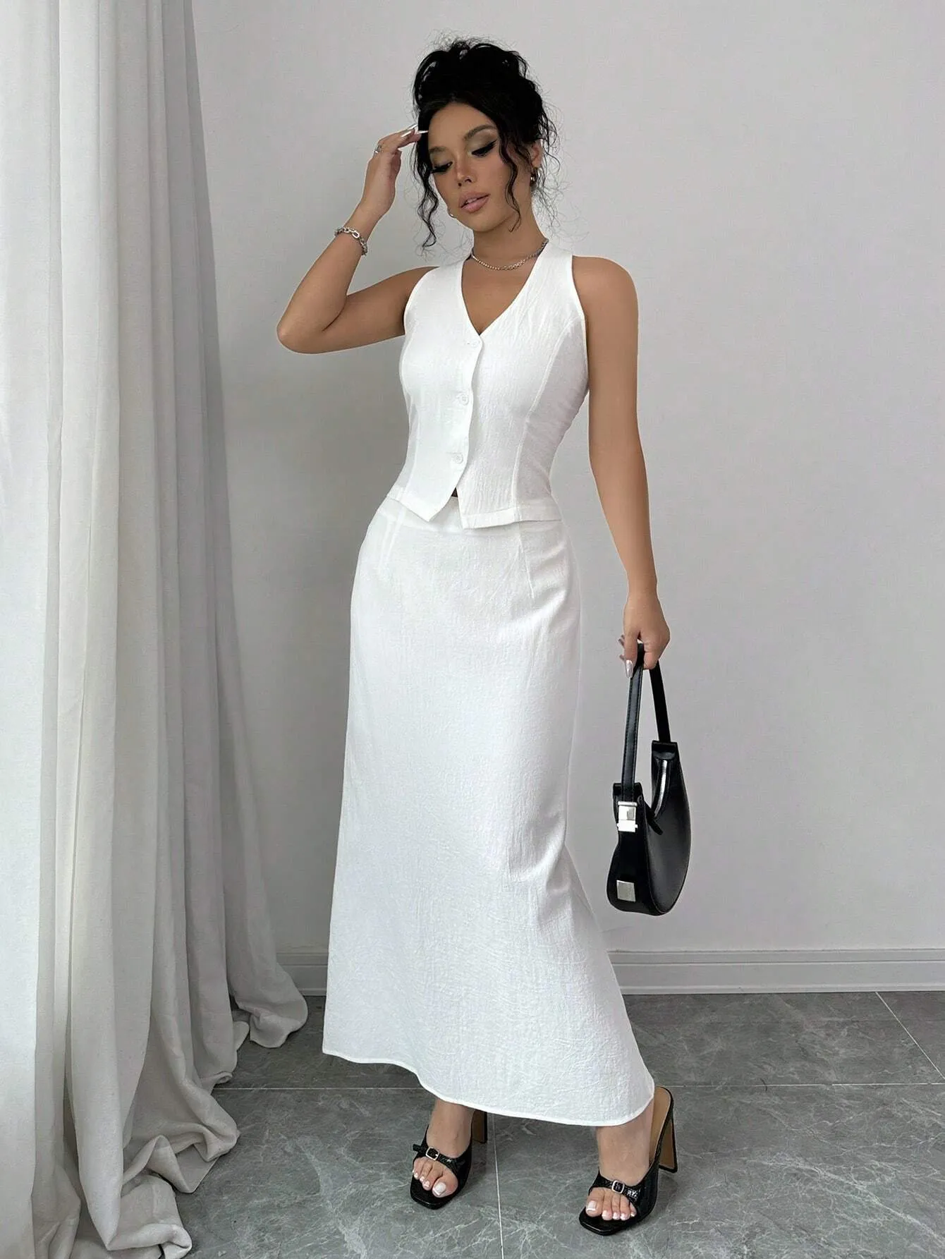 2pcs Women's Elegant Casual Halter Neck Vest And Long Skirt Set