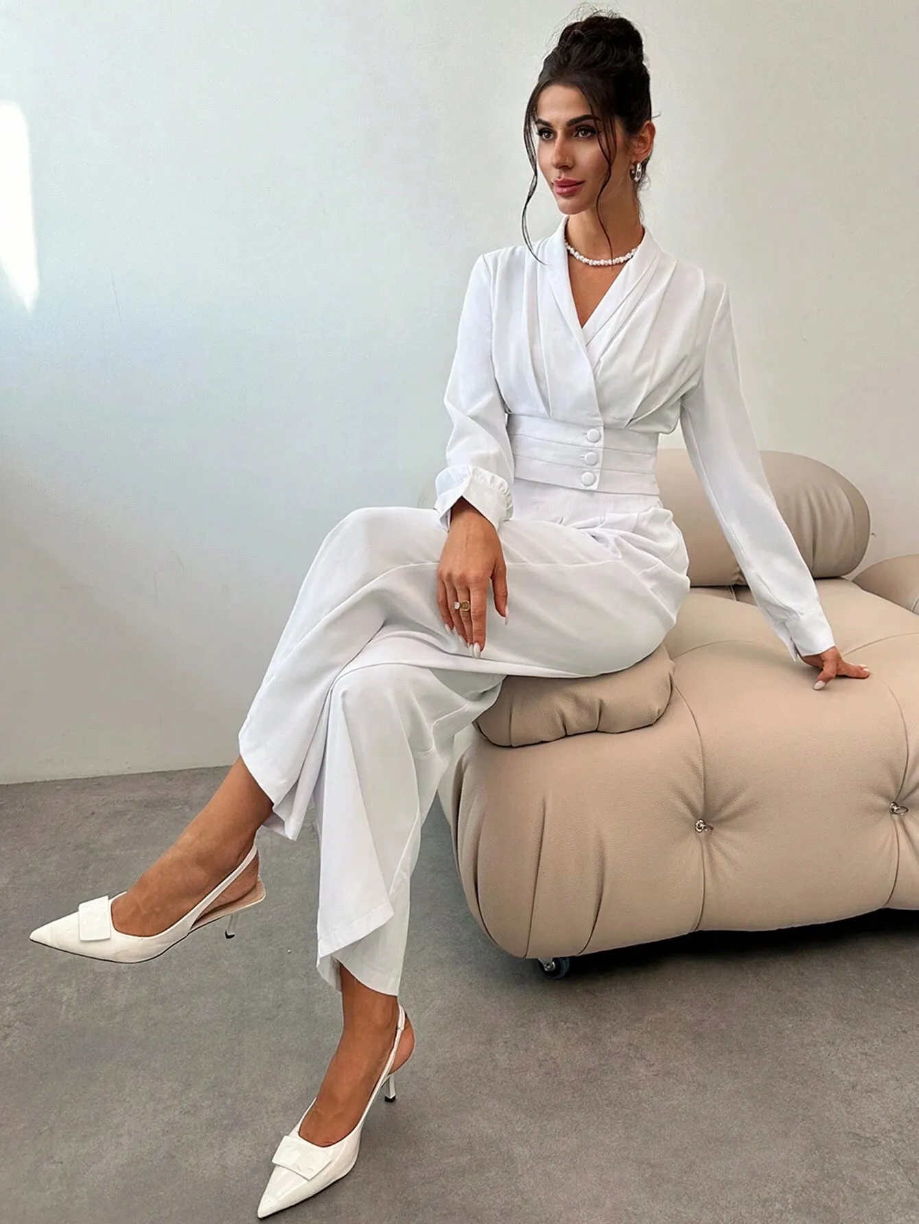 2pcs Women's Elegant Office Wear Collared Pleated Button Long Sleeve Blouse & High Waisted Wide Leg Pants Suit, Autumn