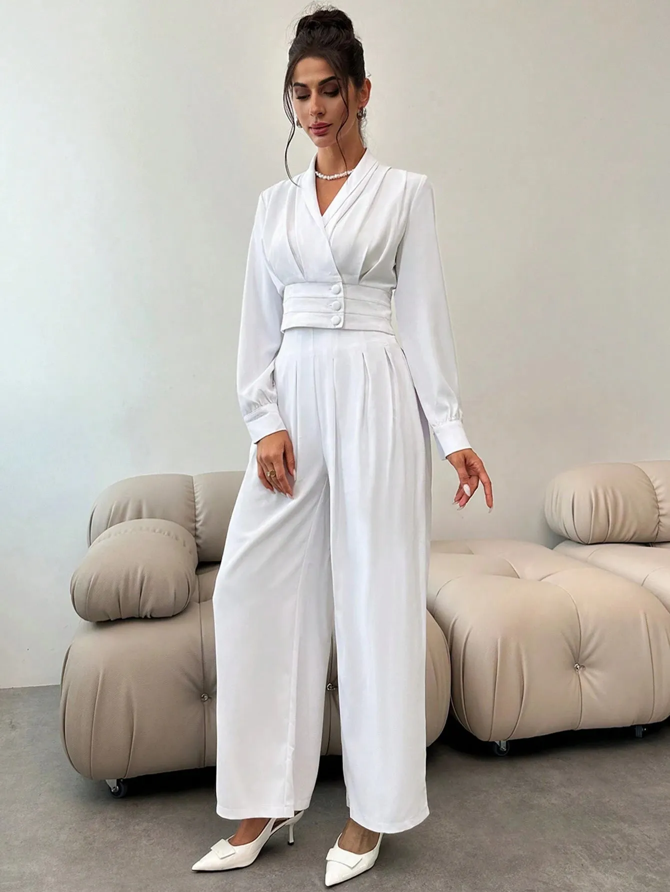 2pcs Women's Elegant Office Wear Collared Pleated Button Long Sleeve Blouse & High Waisted Wide Leg Pants Suit, Autumn