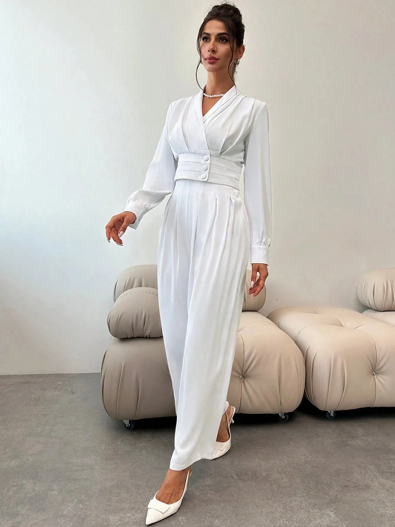 2pcs Women's Elegant Office Wear Collared Pleated Button Long Sleeve Blouse & High Waisted Wide Leg Pants Suit, Autumn