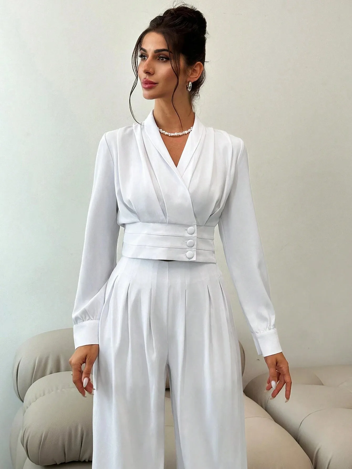 2pcs Women's Elegant Office Wear Collared Pleated Button Long Sleeve Blouse & High Waisted Wide Leg Pants Suit, Autumn