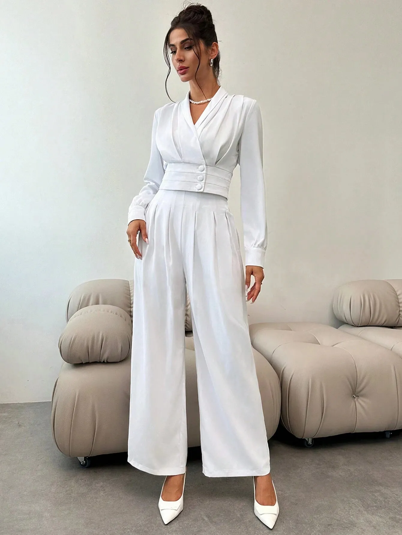 2pcs Women's Elegant Office Wear Collared Pleated Button Long Sleeve Blouse & High Waisted Wide Leg Pants Suit, Autumn