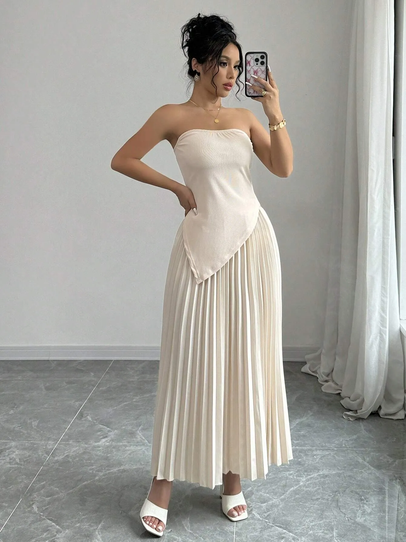 2pcs Women's Solid Asymmetric Hem Bandeau Top And Pleated Skirt Elegant Set