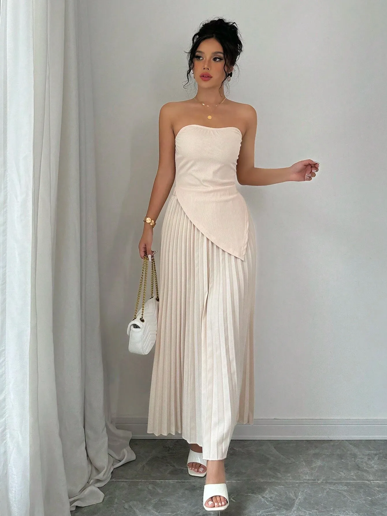 2pcs Women's Solid Asymmetric Hem Bandeau Top And Pleated Skirt Elegant Set