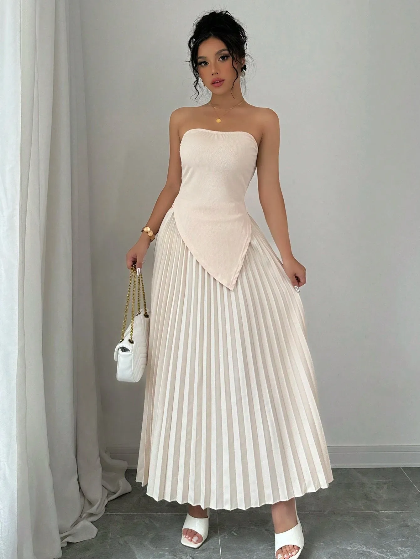 2pcs Women's Solid Asymmetric Hem Bandeau Top And Pleated Skirt Elegant Set