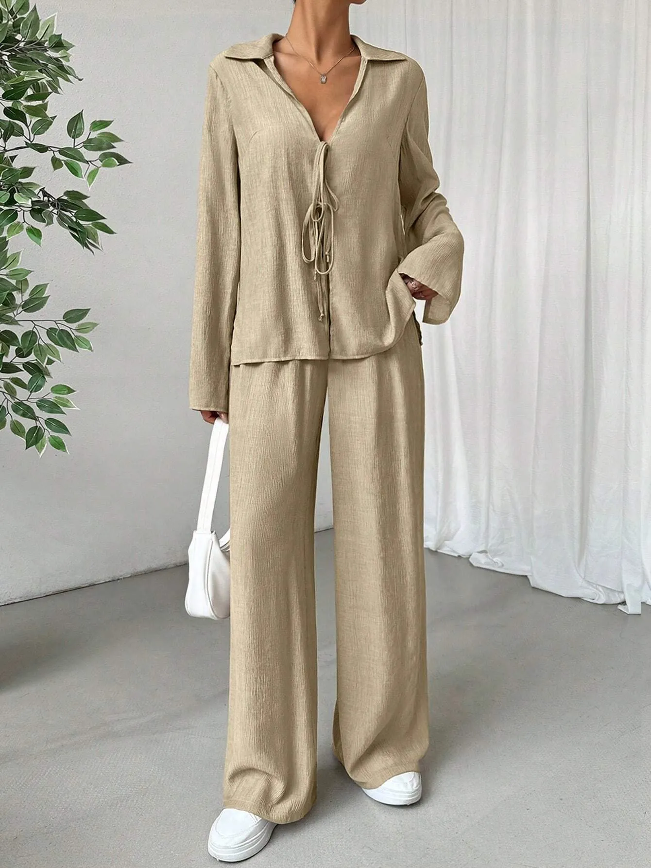 2pcs Women's Solid Color Front Tie Long Sleeve Casual Top And Pants Set