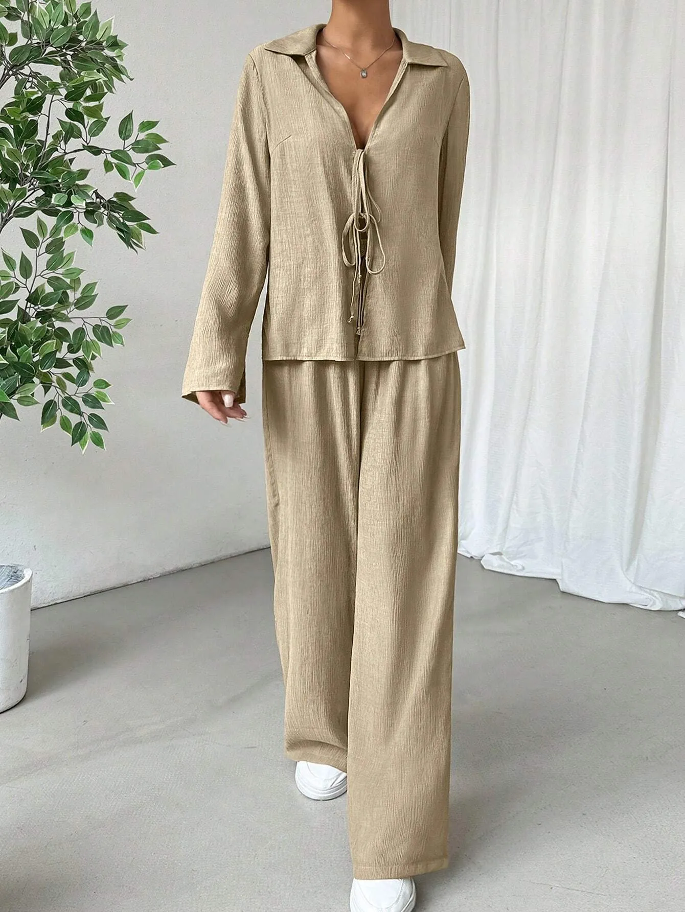 2pcs Women's Solid Color Front Tie Long Sleeve Casual Top And Pants Set