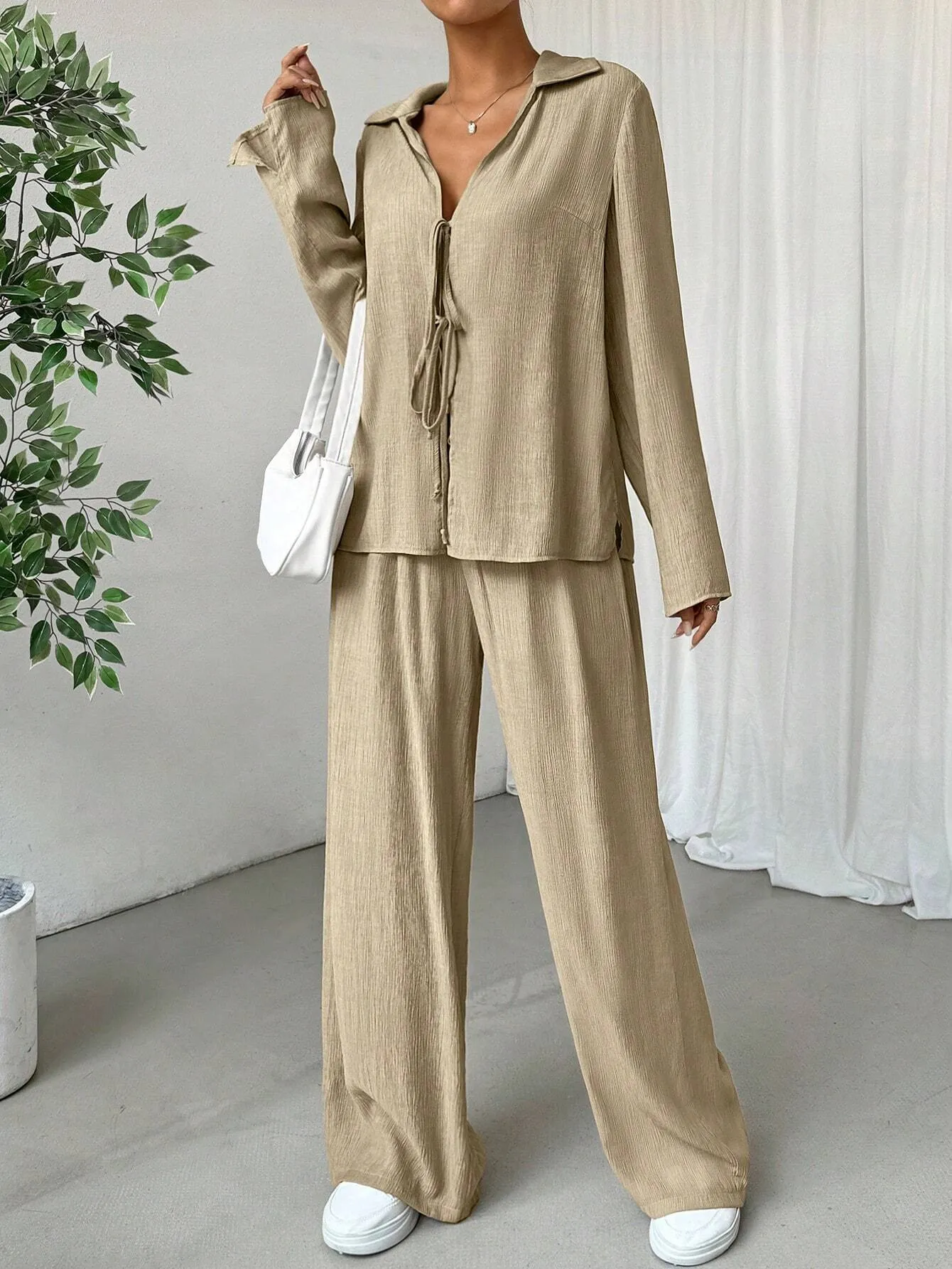 2pcs Women's Solid Color Front Tie Long Sleeve Casual Top And Pants Set