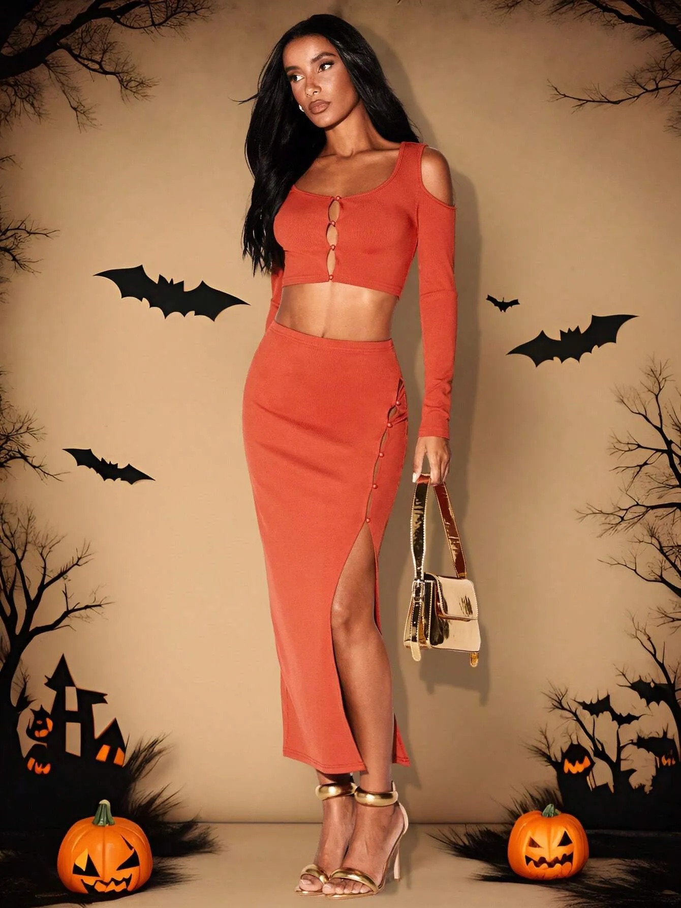 2pcs Women's Solid Color Long Sleeve Cutout Shoulder Top And Asymmetric Hem Skirt Set, Fall /Winter Halloween