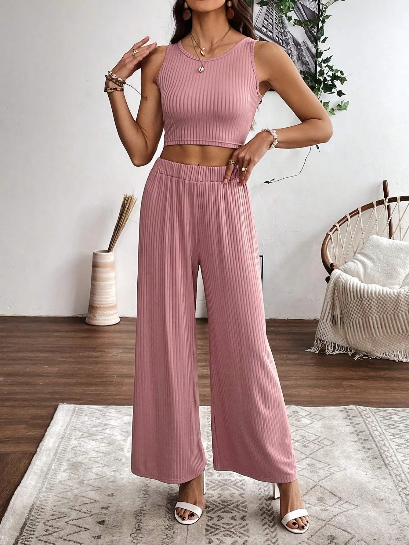 2pcs Women's Solid Color Ribbed Sleeveless Top And Pants Set