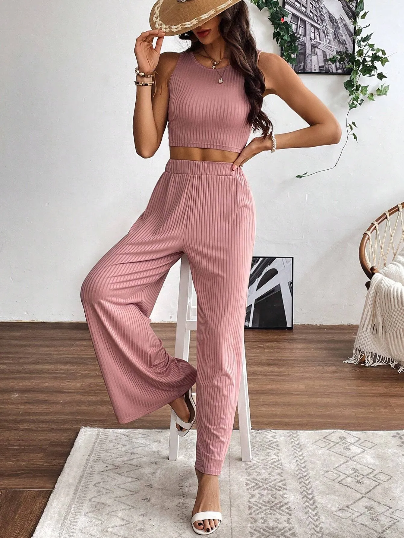 2pcs Women's Solid Color Ribbed Sleeveless Top And Pants Set