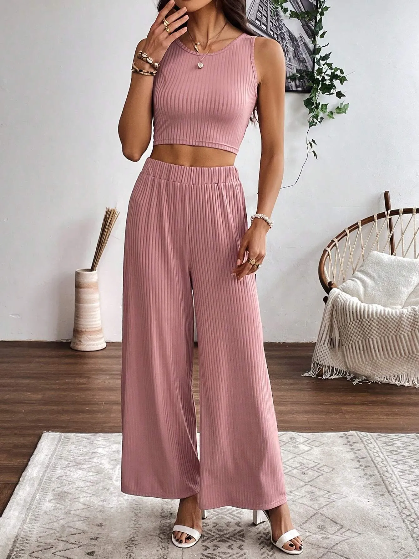 2pcs Women's Solid Color Ribbed Sleeveless Top And Pants Set