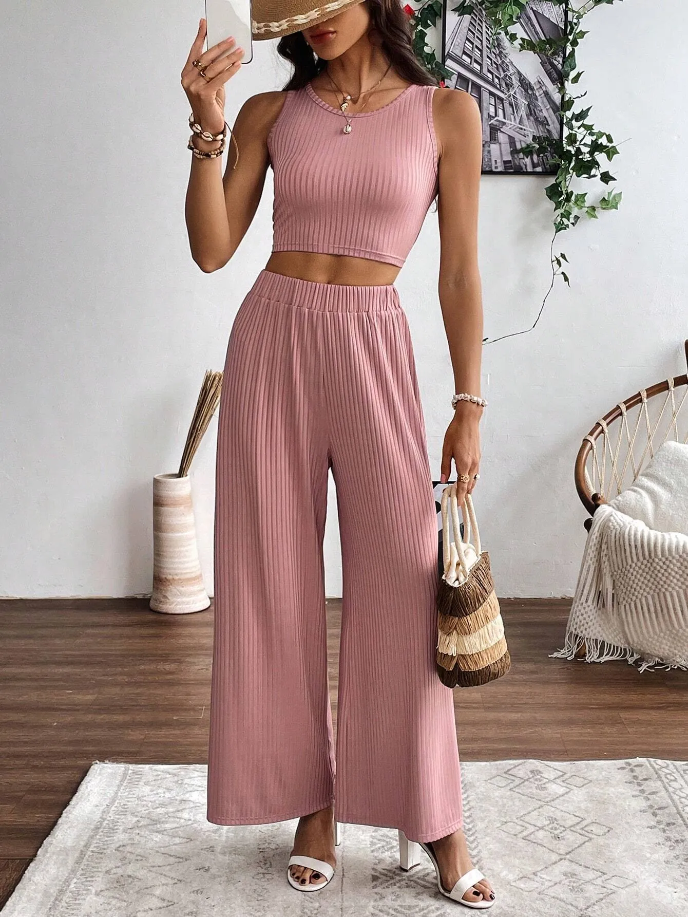 2pcs Women's Solid Color Ribbed Sleeveless Top And Pants Set