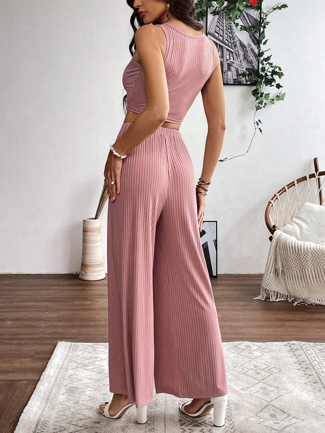 2pcs Women's Solid Color Ribbed Sleeveless Top And Pants Set