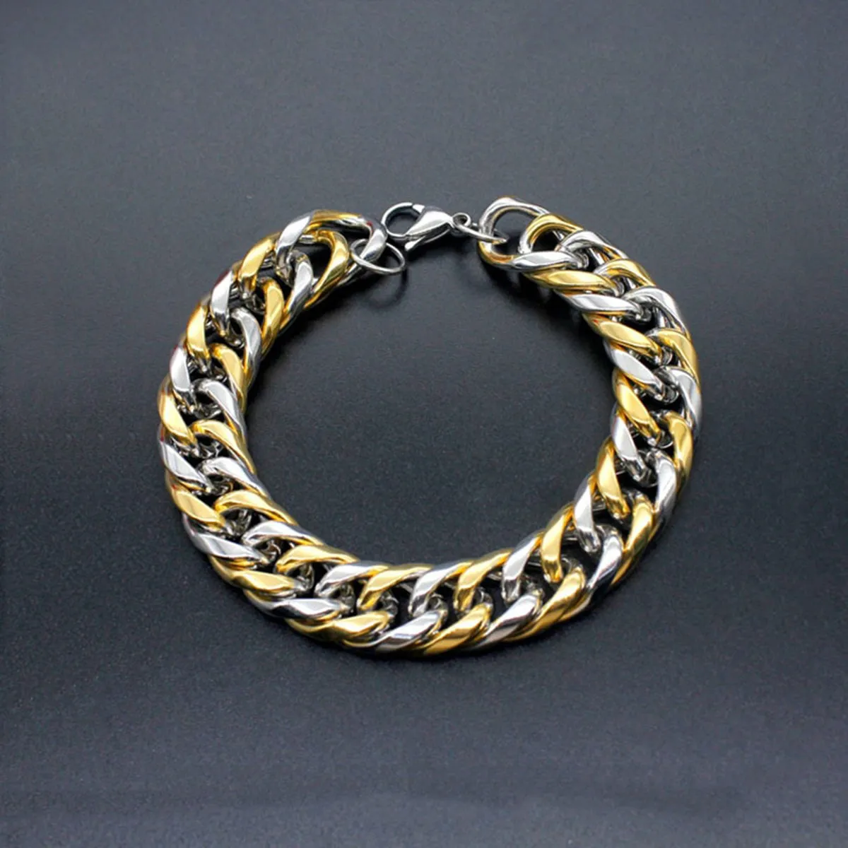 316L Stainless Steel Two Tone 3D Curb Gold Silver Bracelet For Men