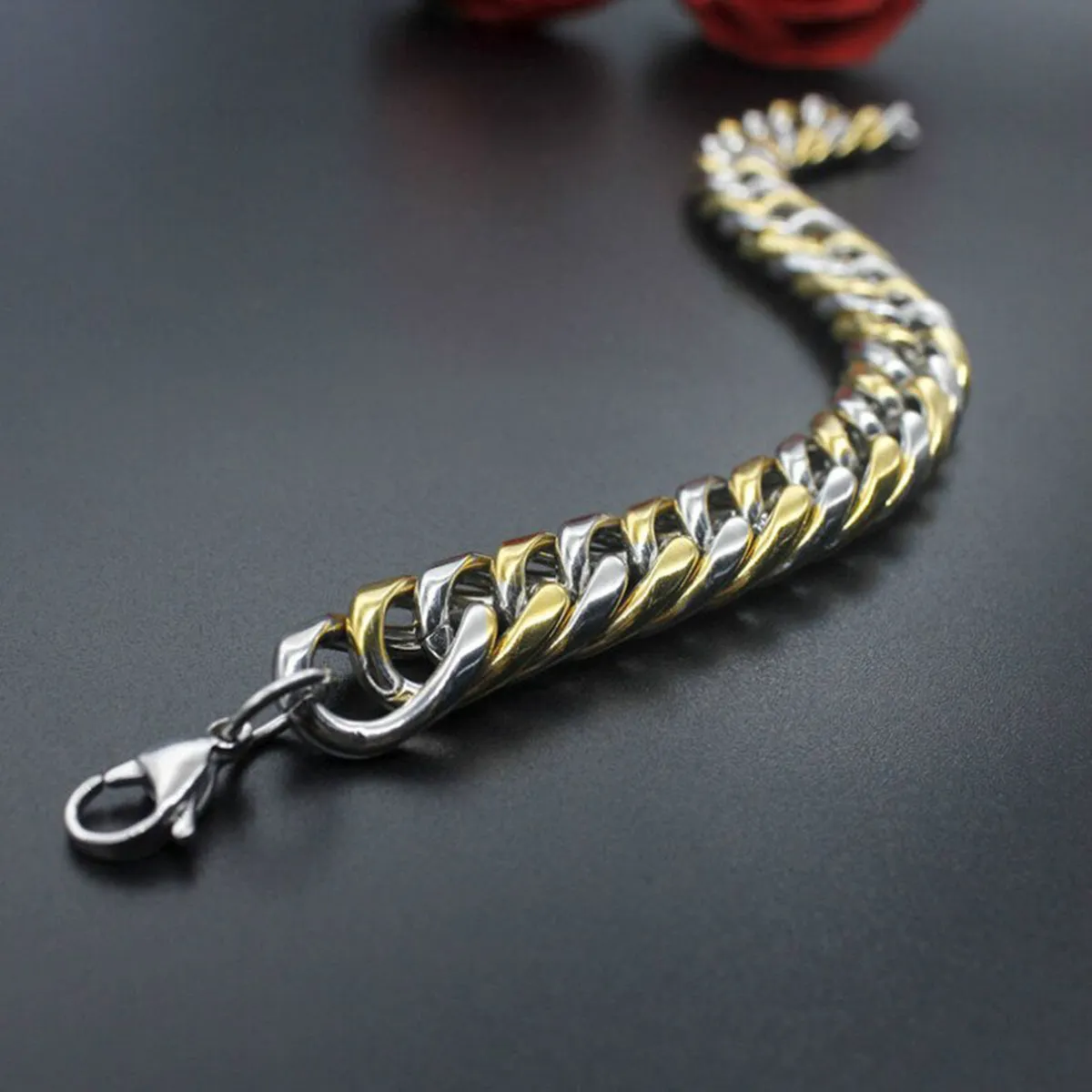 316L Stainless Steel Two Tone 3D Curb Gold Silver Bracelet For Men