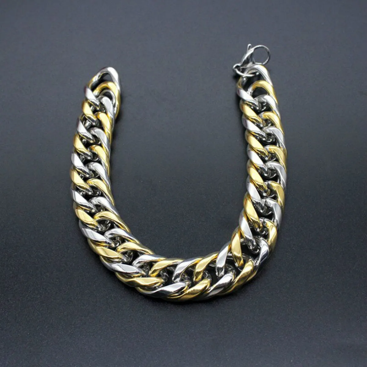 316L Stainless Steel Two Tone 3D Curb Gold Silver Bracelet For Men