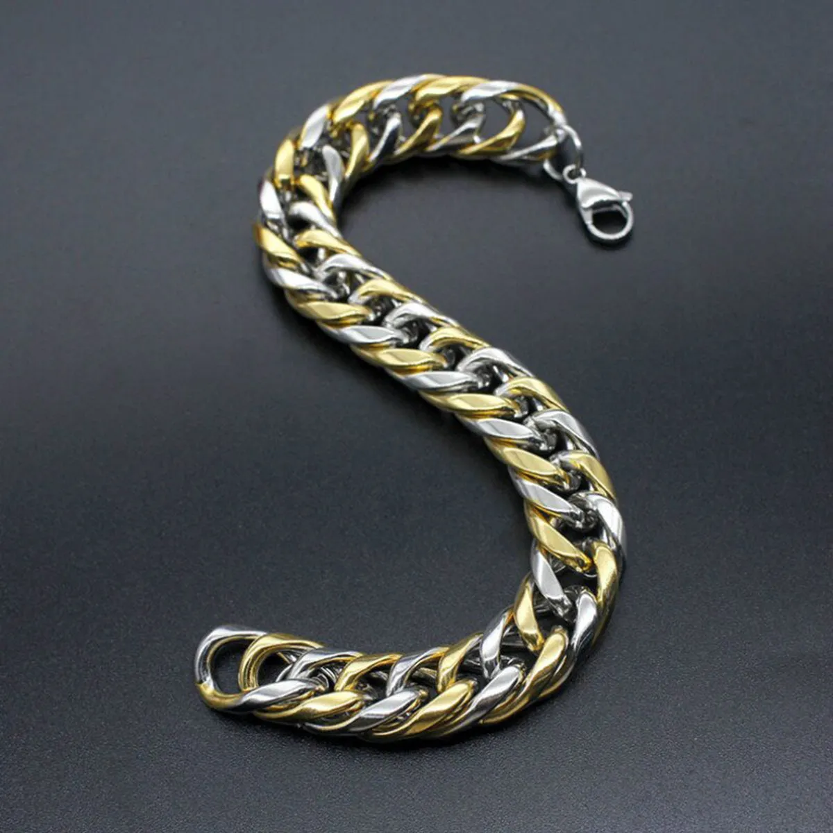 316L Stainless Steel Two Tone 3D Curb Gold Silver Bracelet For Men