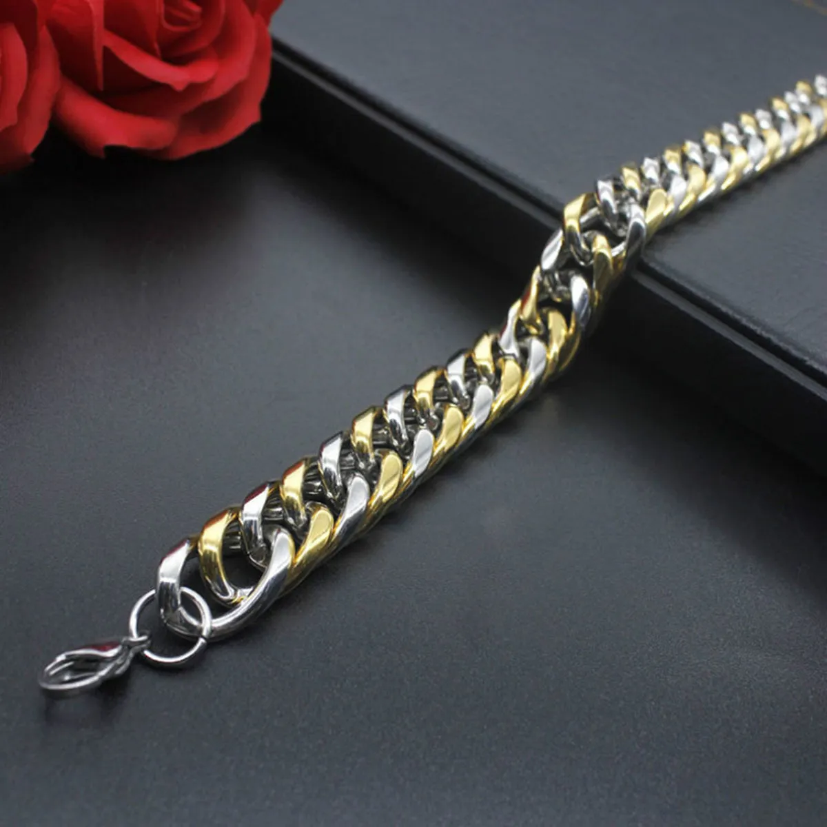 316L Stainless Steel Two Tone 3D Curb Gold Silver Bracelet For Men