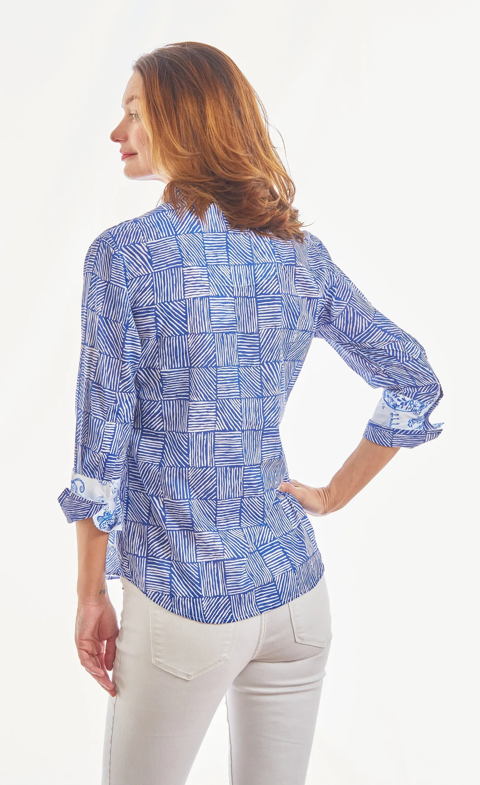 3/4 Sleeve Rome Navy White Criss Cross Boxes