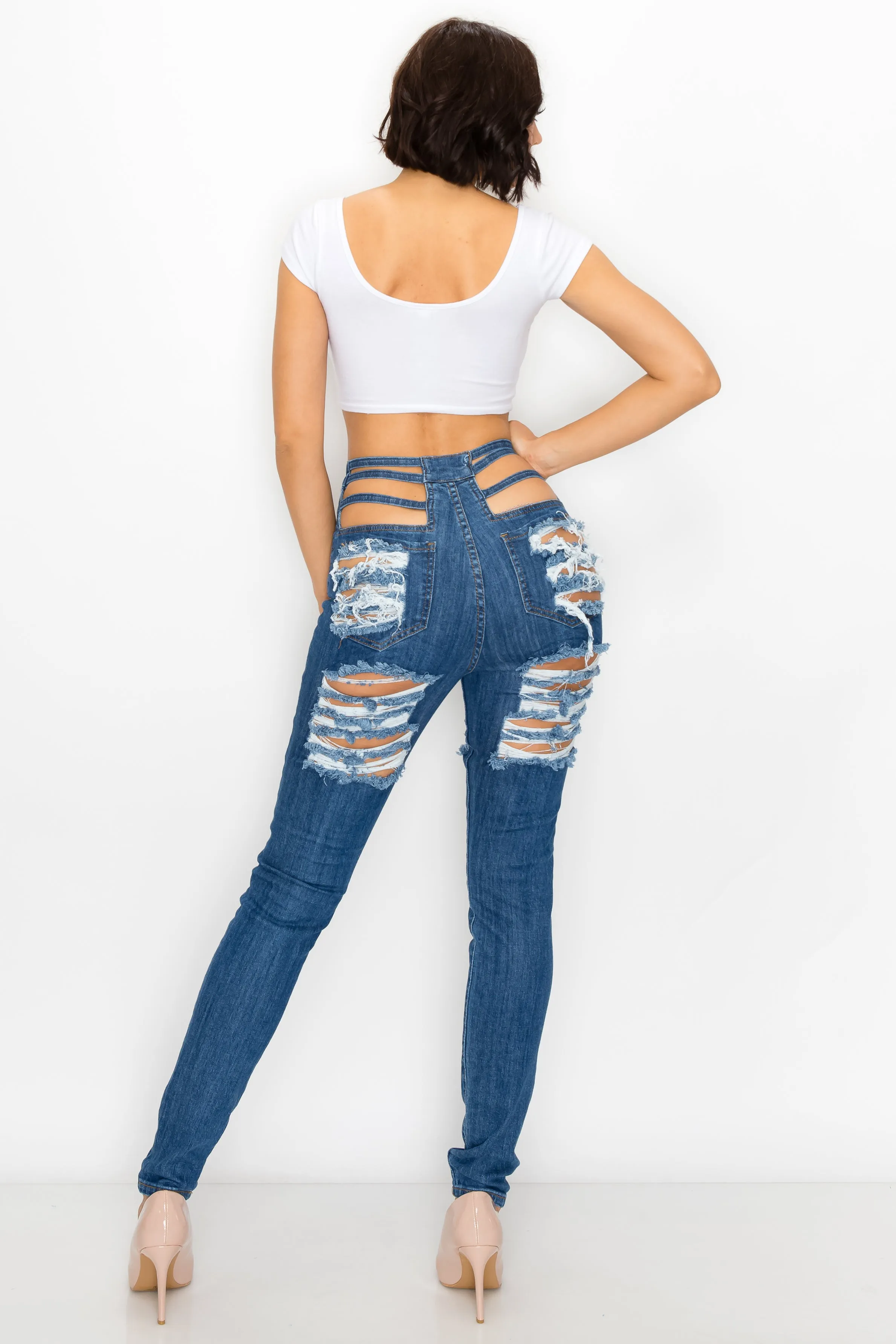 40009 Women's High Waisted Distressed Lattice Open Waist Skinny Jeans with Cut Outs