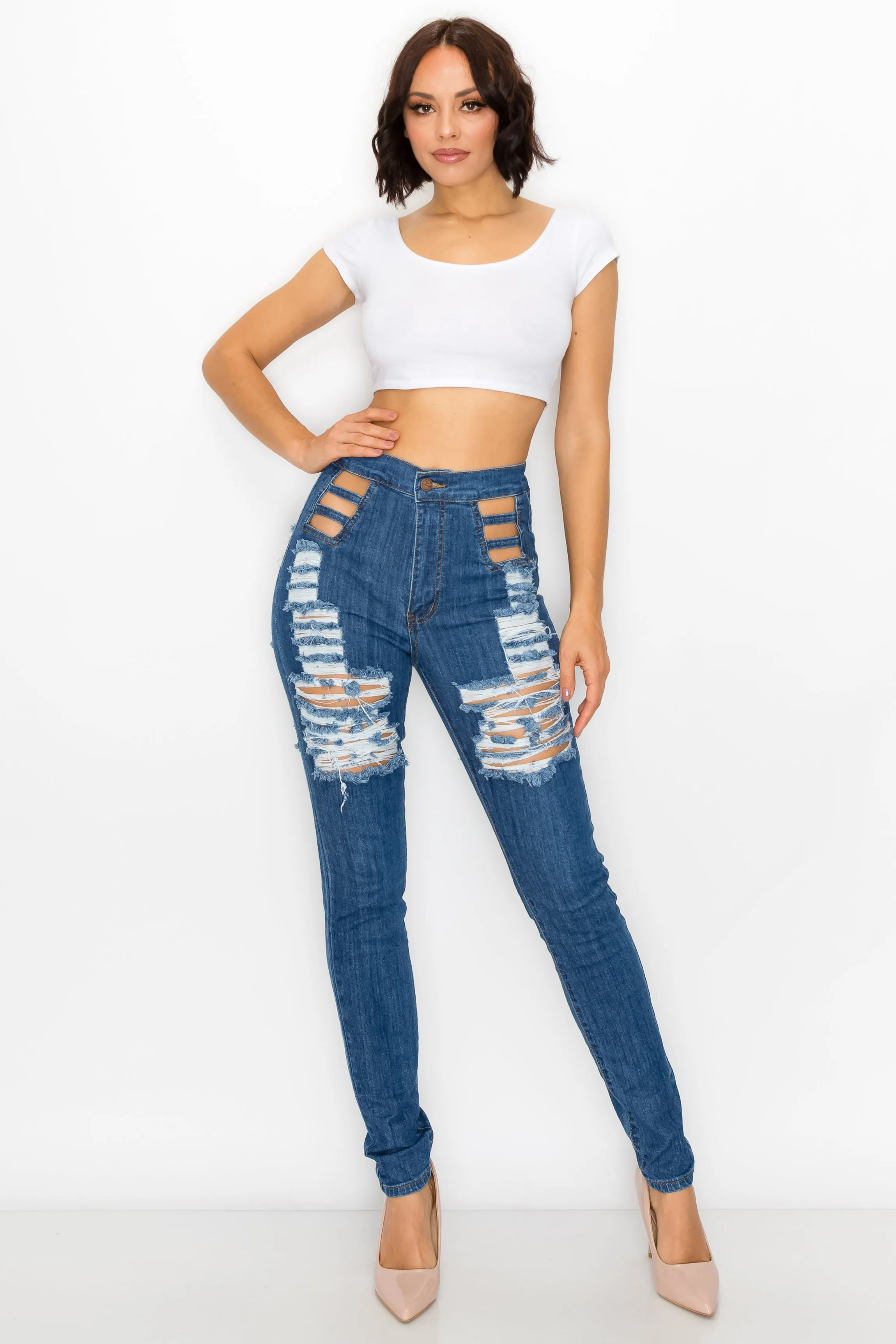 40009 Women's High Waisted Distressed Lattice Open Waist Skinny Jeans with Cut Outs