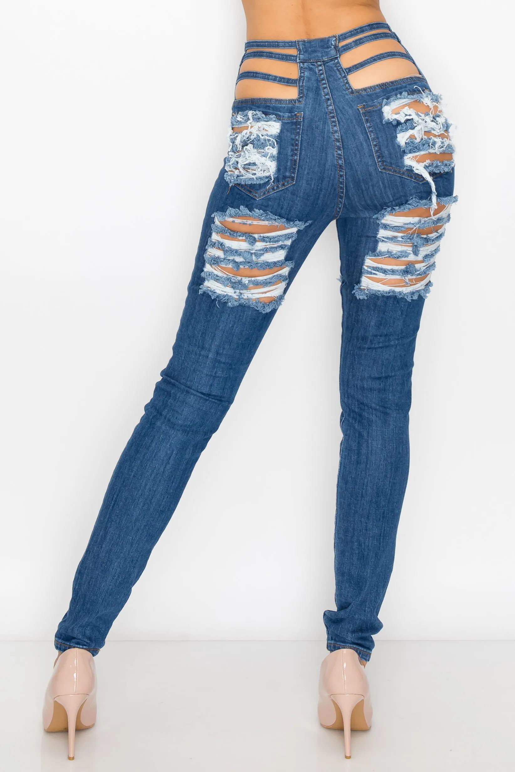 40009 Women's High Waisted Distressed Lattice Open Waist Skinny Jeans with Cut Outs