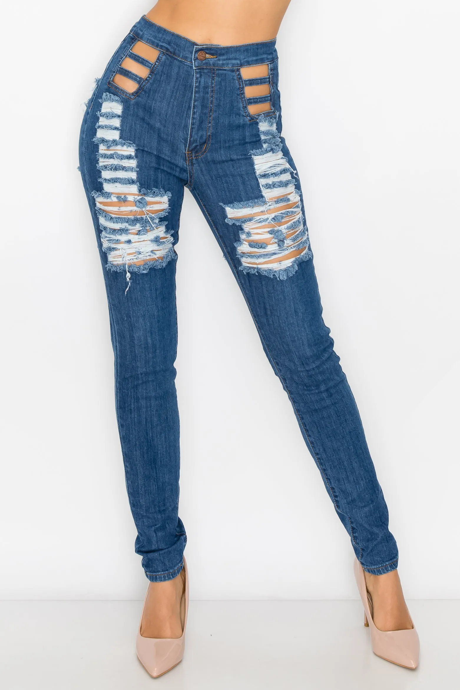 40009 Women's High Waisted Distressed Lattice Open Waist Skinny Jeans with Cut Outs