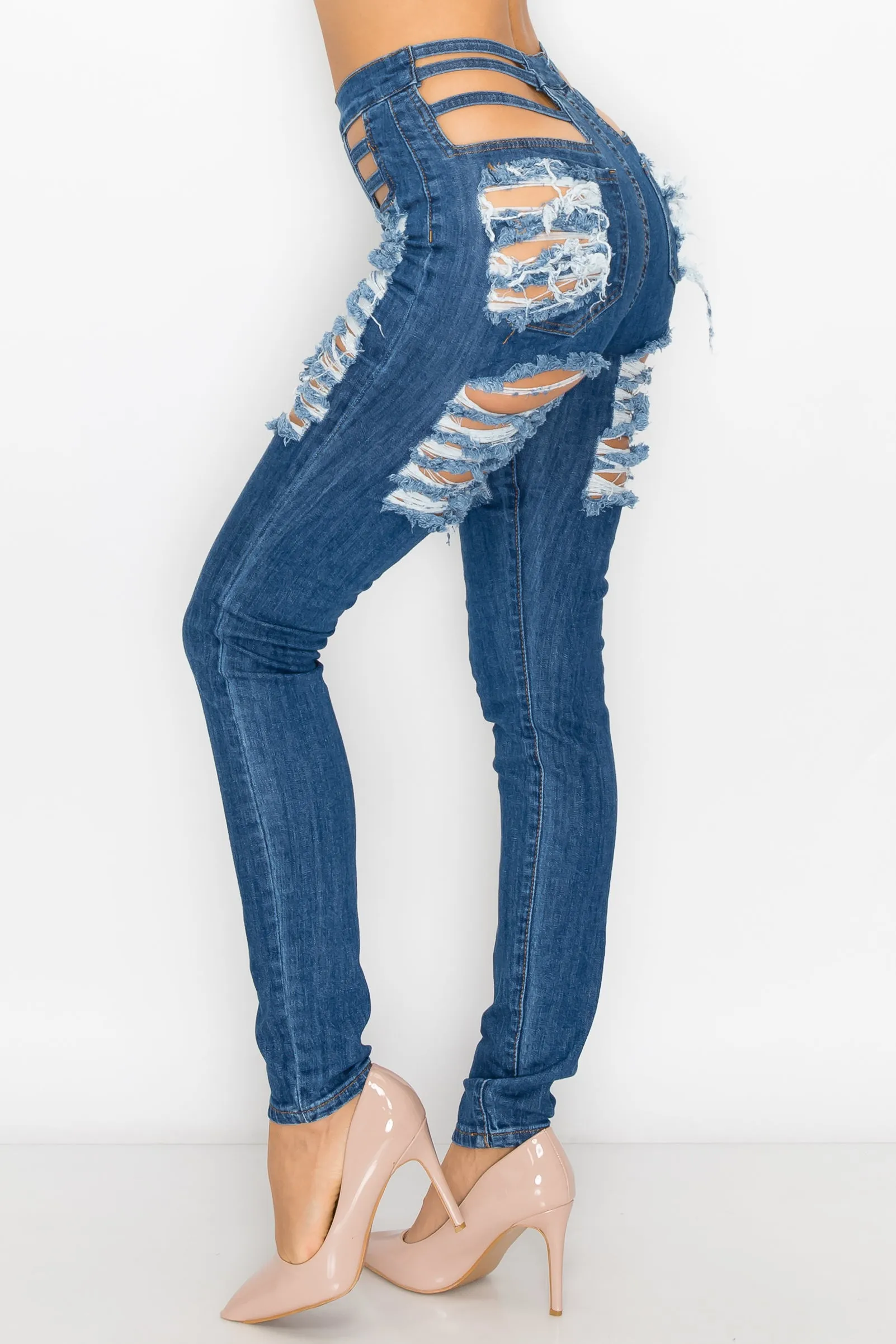 40009 Women's High Waisted Distressed Lattice Open Waist Skinny Jeans with Cut Outs