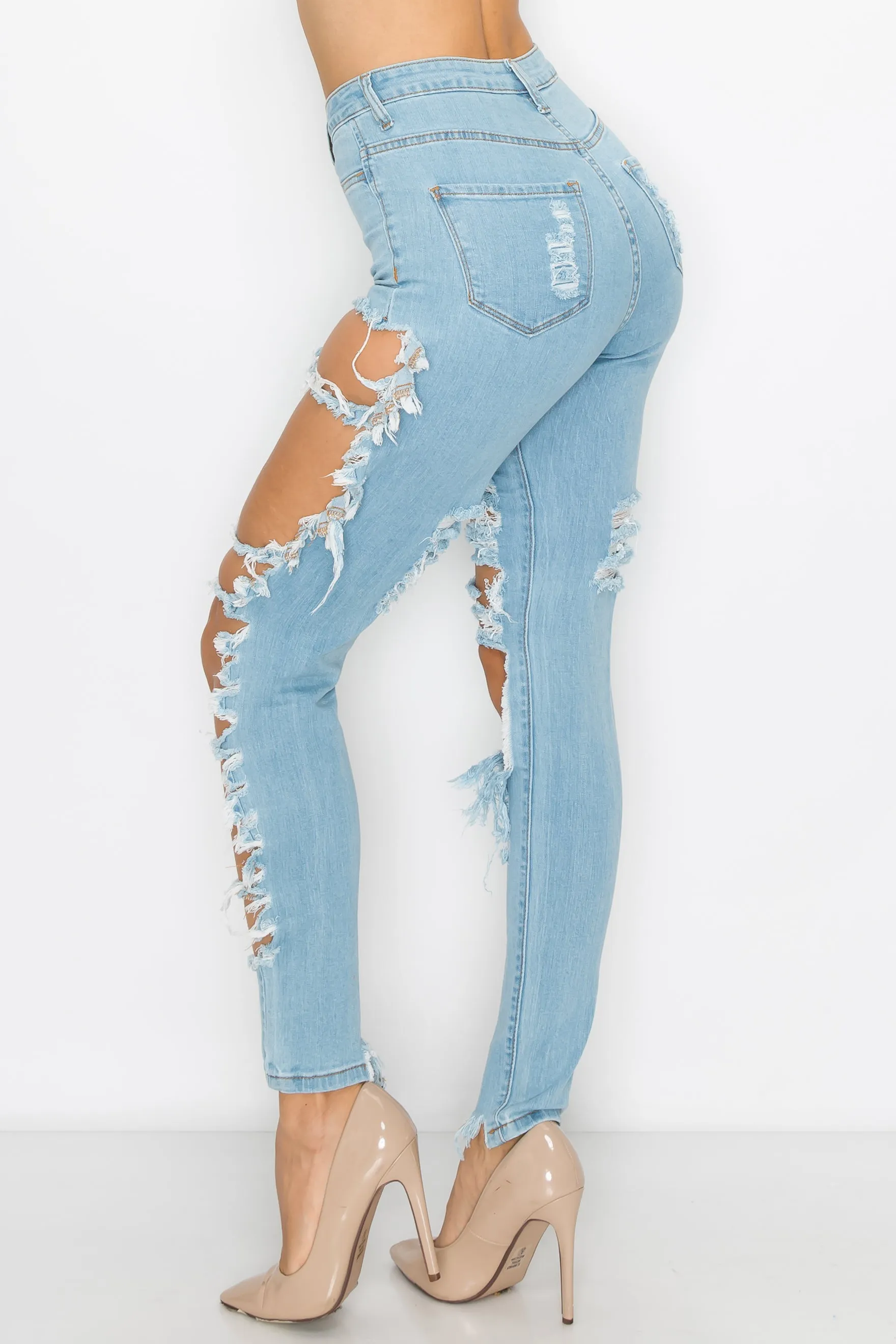 40074 Women's Super High Waisted Distressed Skinny Jeans with Cut Outs