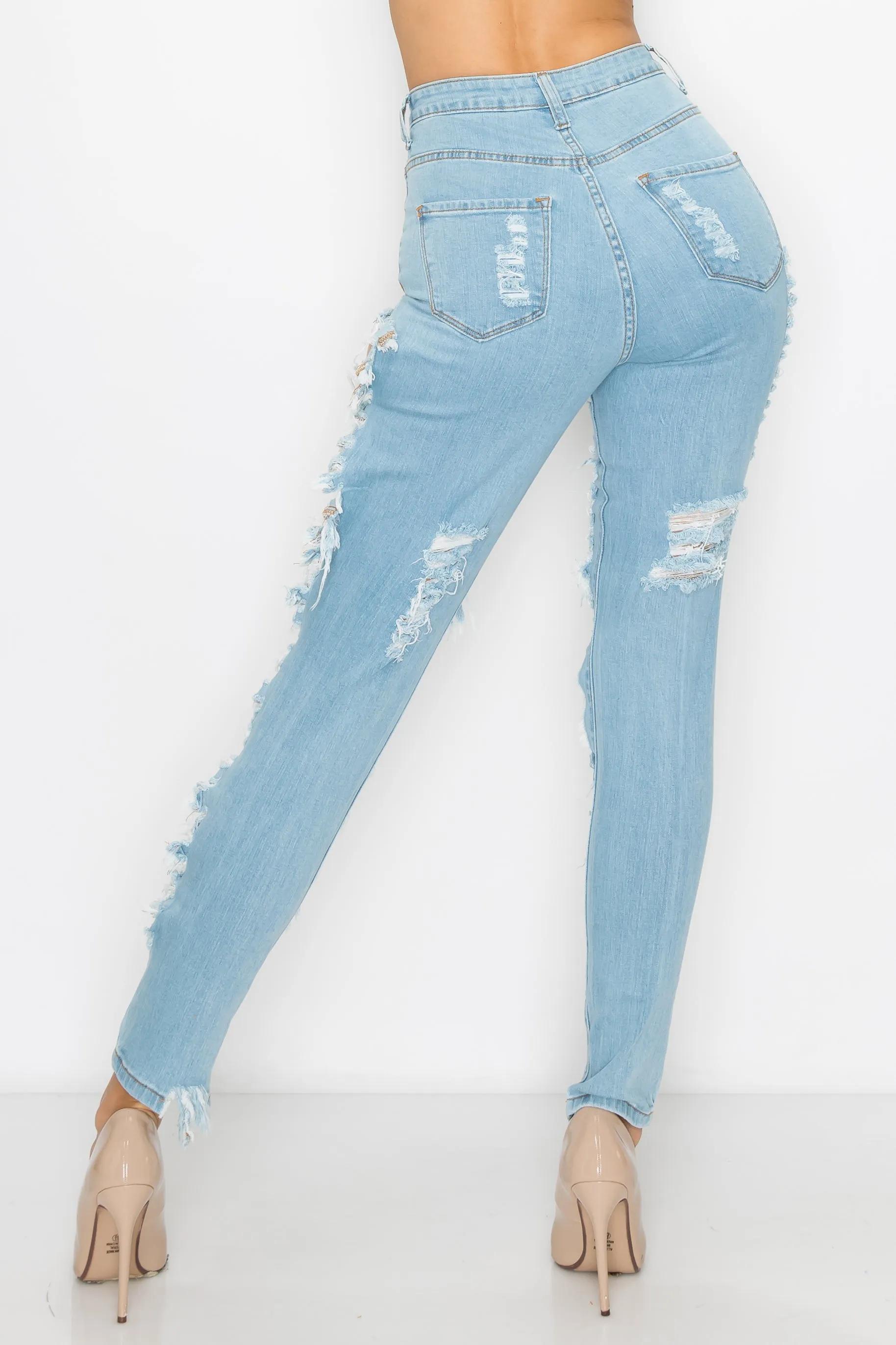 40074 Women's Super High Waisted Distressed Skinny Jeans with Cut Outs