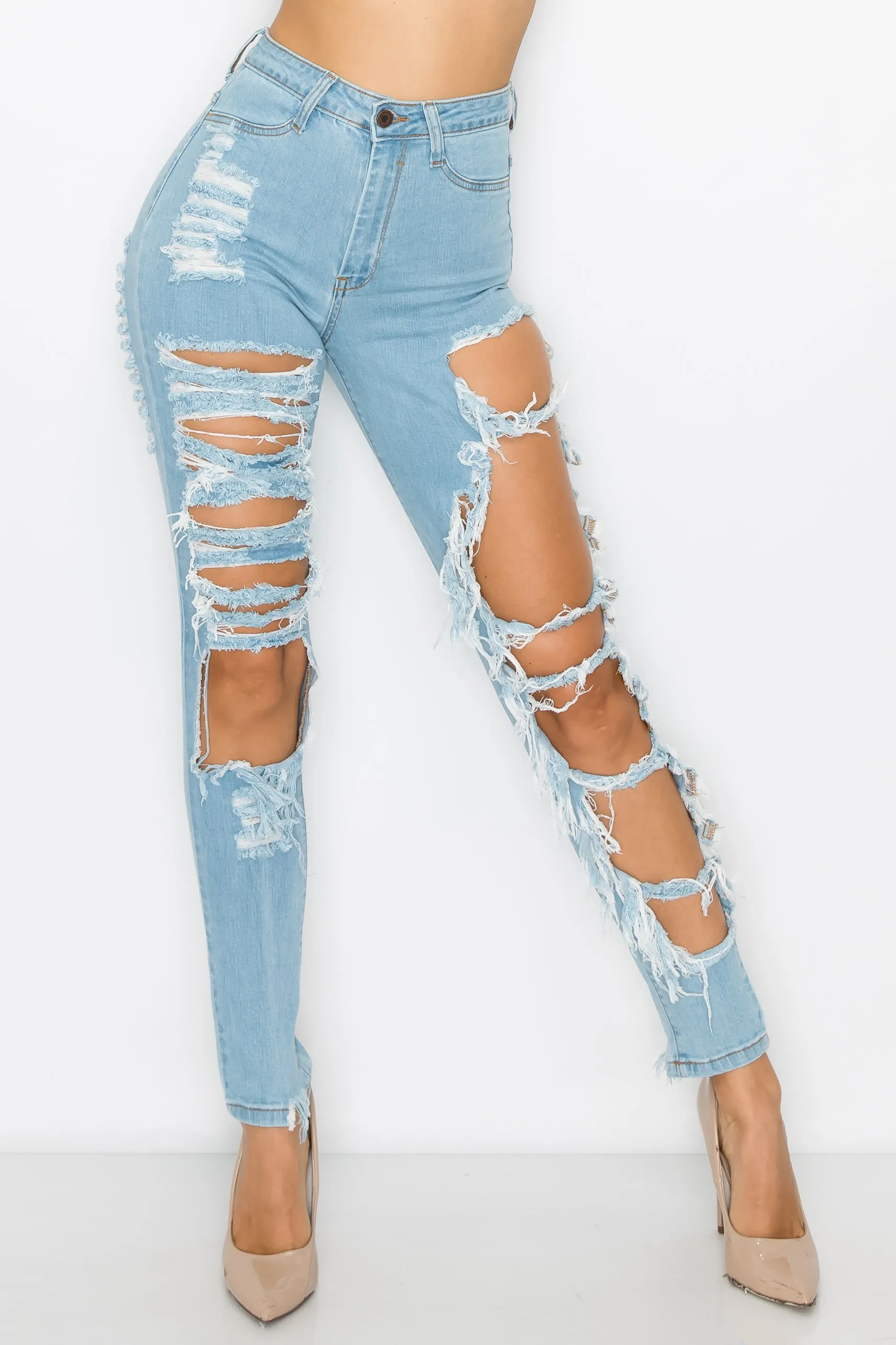 40074 Women's Super High Waisted Distressed Skinny Jeans with Cut Outs