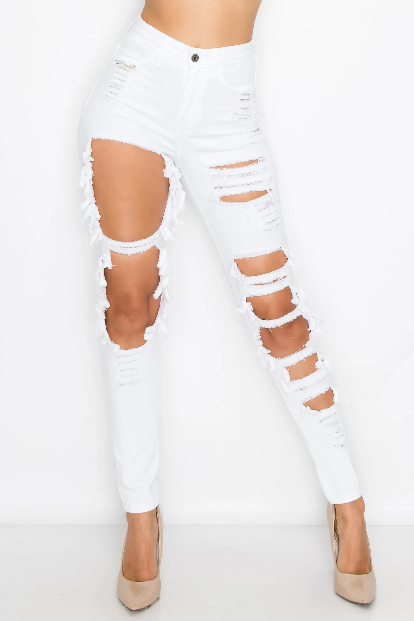 40098 Women's High Waisted Distressed Skinny Jeans with Cut Outs