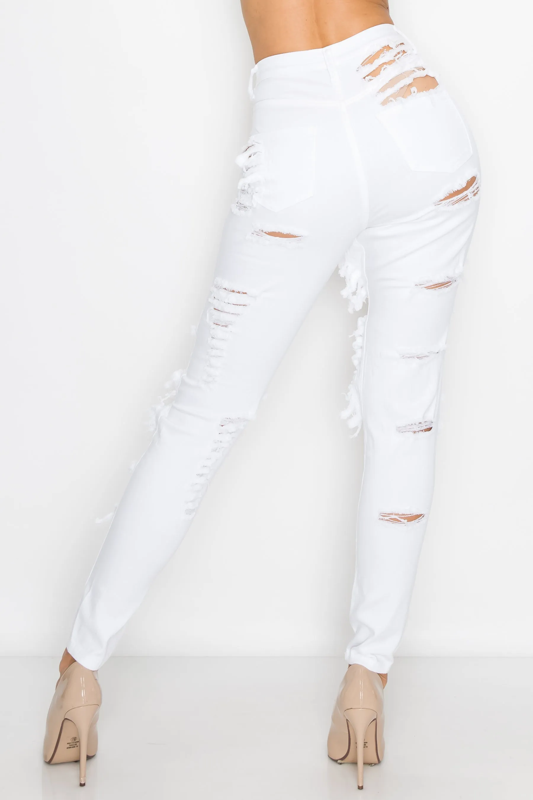 40098 Women's High Waisted Distressed Skinny Jeans with Cut Outs