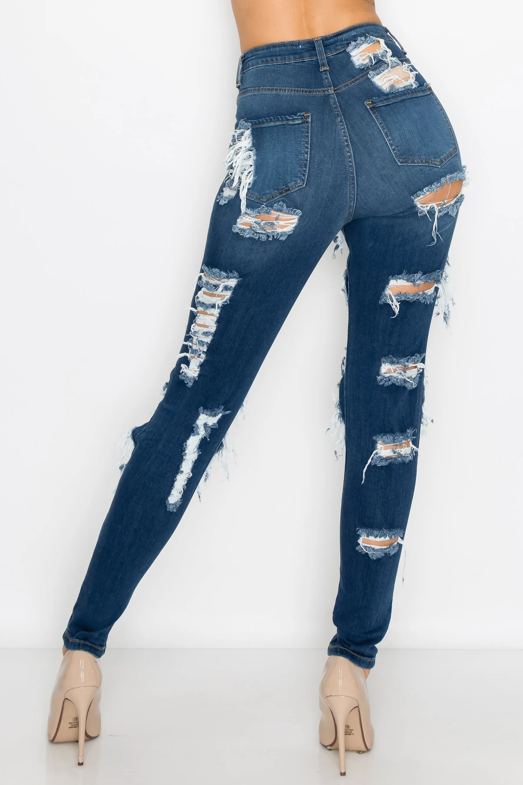 40098 Women's High Waisted Distressed Skinny Jeans with Cut Outs